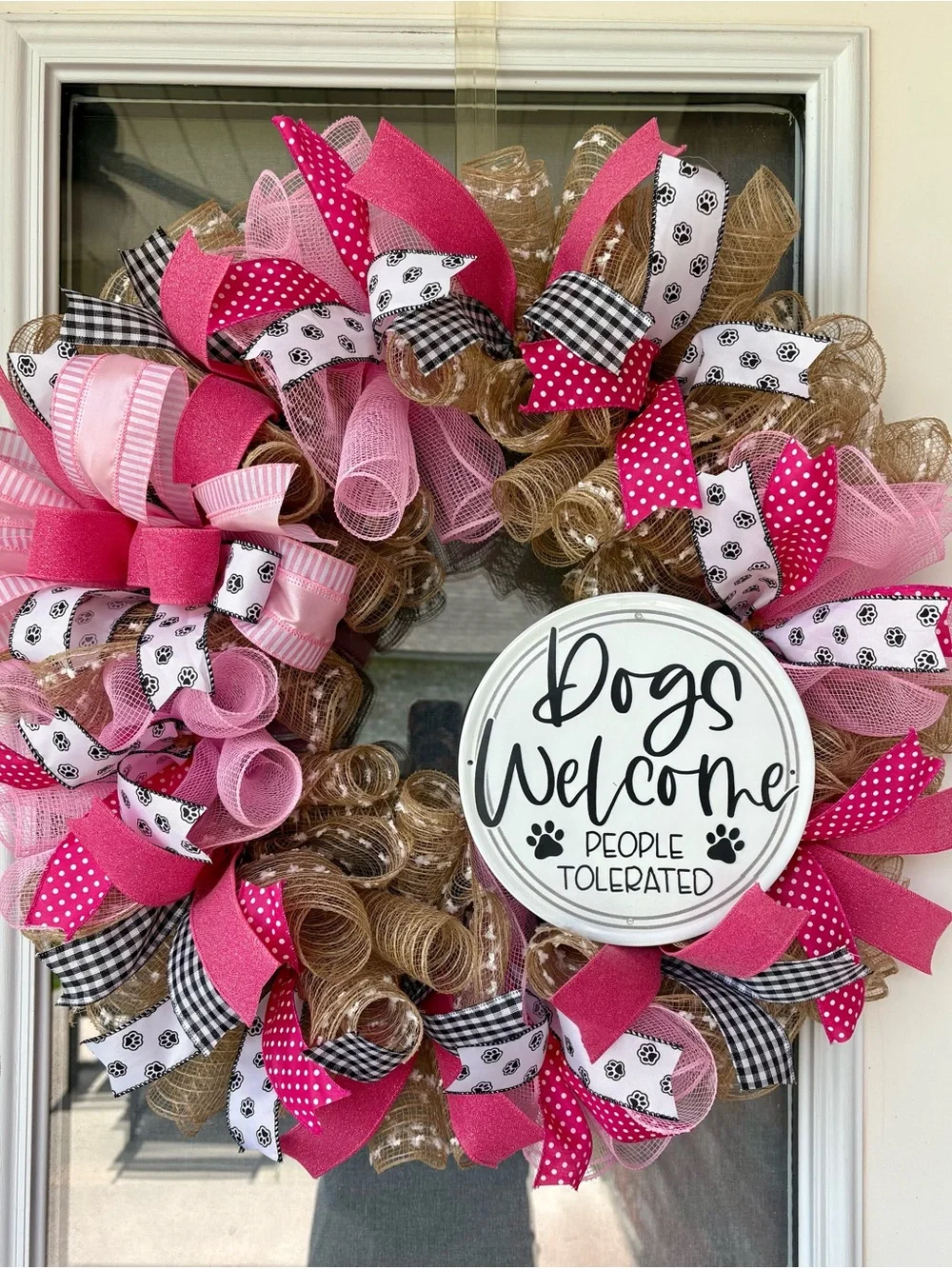 Dogs Welcome Pink and Brown Decorative Holiday Wreath by